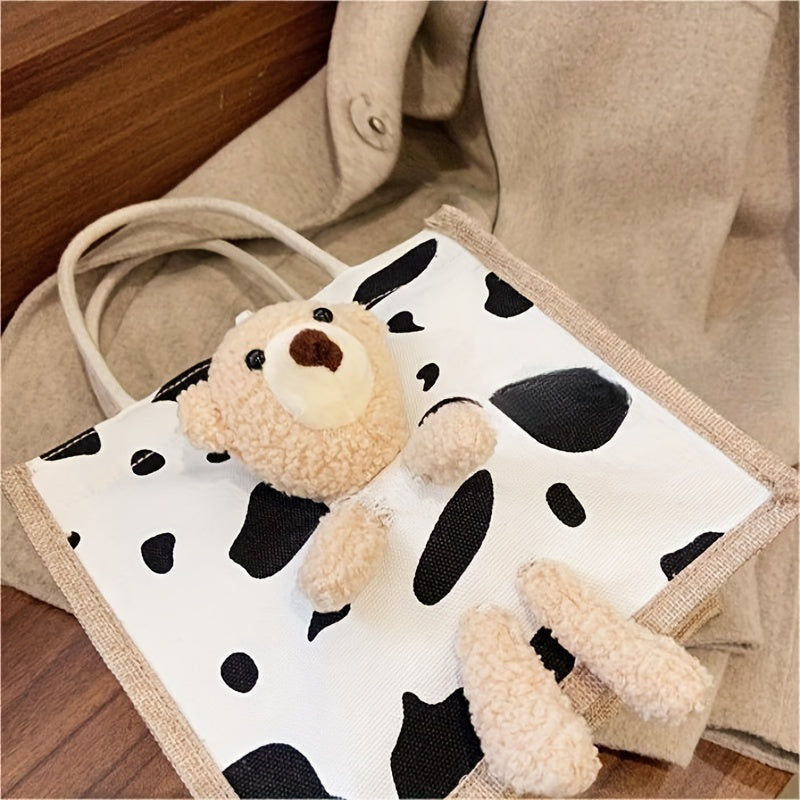 Kawaii Cow Print Tote Bag, Cute Bear Pendant Canvas Bag, Women's Casual Handbag & Shopping Bag