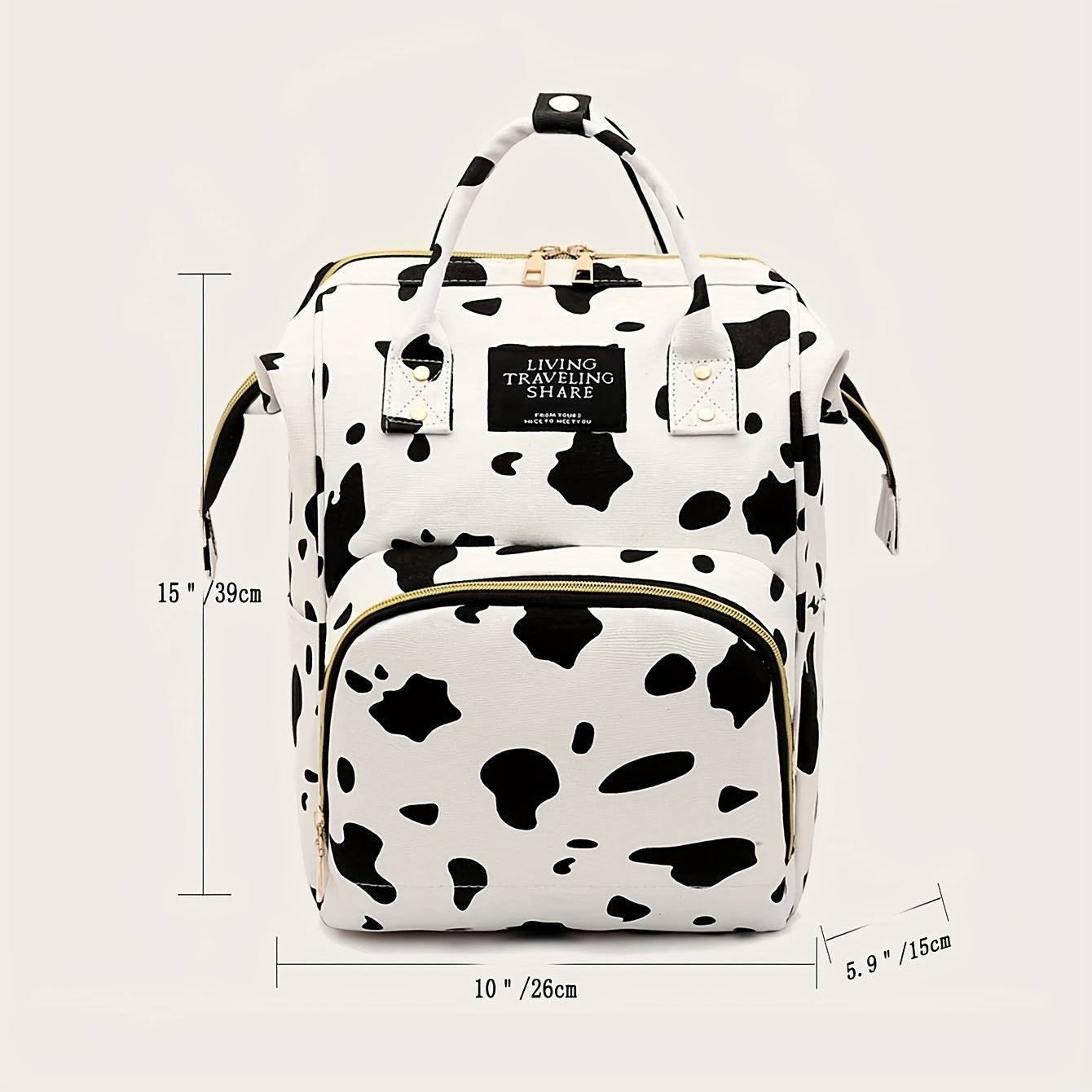 realaiot  Stylish Cow Pattern Backpack, Trendy Zipper Rucksack, Versatile Women's Travel Diaper Bag