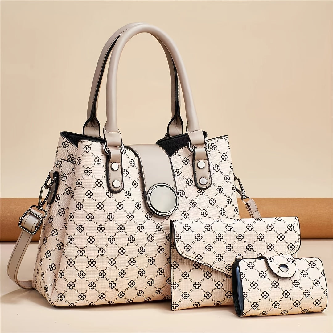 realaiot 3Pcs Trendy Argyle Print Bucket Bag Set, Faux Leather Tote Bag & Coin Bag & Card Holder, Perfect Women Bags Set For Daily Use