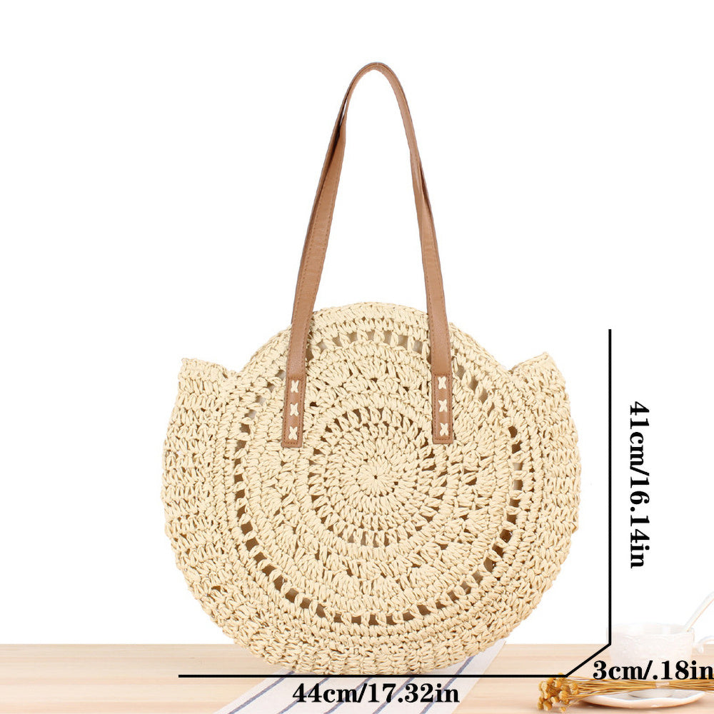 realaiot  Hollow-Out Straw Handbag, Fashion Woven Beach Bag, Round Large Capacity Shoulder Bag