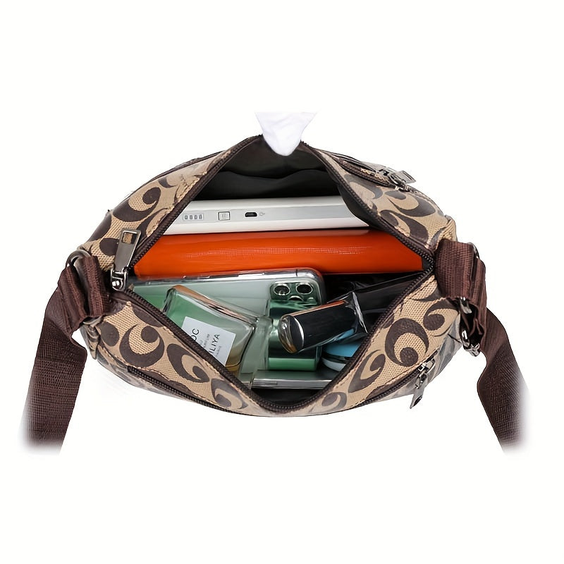 Vintage Printed Crossbody Bag, Multi-layer Zipper Shoulder Bag, Perfect Messenger Bag For Daily Use