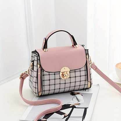 realaiot  Plaid Pattern Portable Handbag, Faux Leather Flap Shoulder Bag, Fashion Adjustable Strap Crossbody Bag