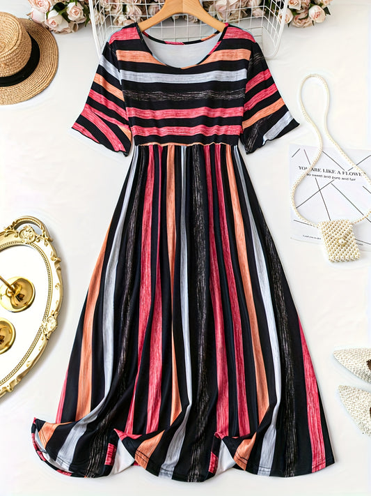 Plus Size Stripe Print Dress - Flattering Cinched Waist, Short Sleeves - Perfect for Spring & Summer, Trendy Womens Plus Size Clothing