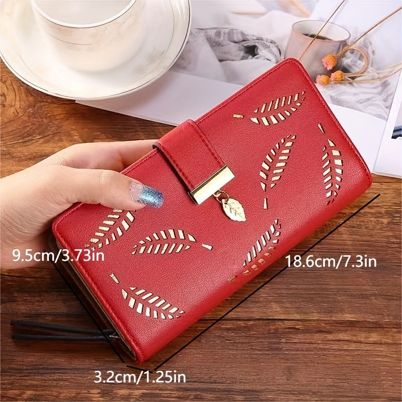 Women's Trendy Long Wallet, Hollow Leaves Pattern Coin Purse, Clutch Classic Purse