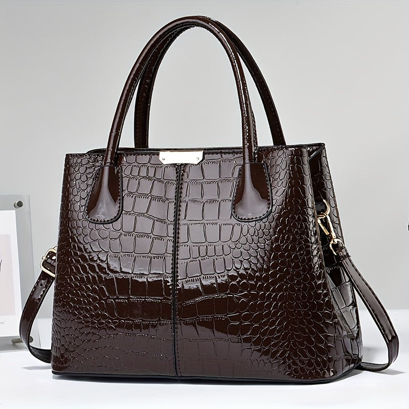 realaiot  Trendy Crocodile Print Tote Bag, Large Capacity Multi-pocket Shoulder Bag, Perfect Underarm Bag For Commuting