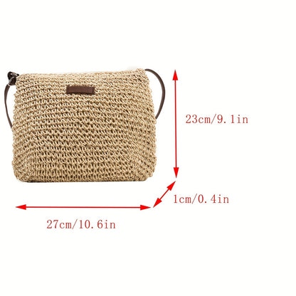 realaiot  Trendy Woven Straw Bag, Women's Summer Beach Handbag, Large Capacity Crossbody Bag