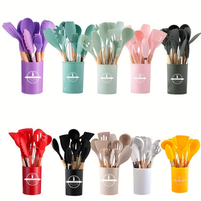 1 Set Kitchen Utensil Set, Silicone Cookware Set, 12pcs Silicone Kitchen Utensil Set, Wooden Cooking Utensils, Kitchen Gadgets, Silicone Cutlery Set, Kitchen Tools With Storage Bucket