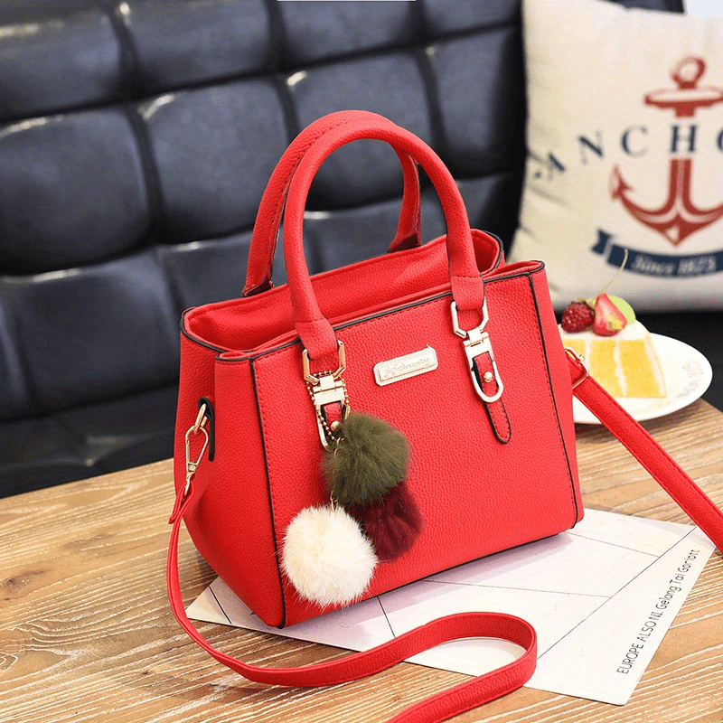 realaiot  Plush Ball Decor Satchel Bag, Stylish Small Top Handle Bag, Casual Zipper Shoulder Crossbody Bag