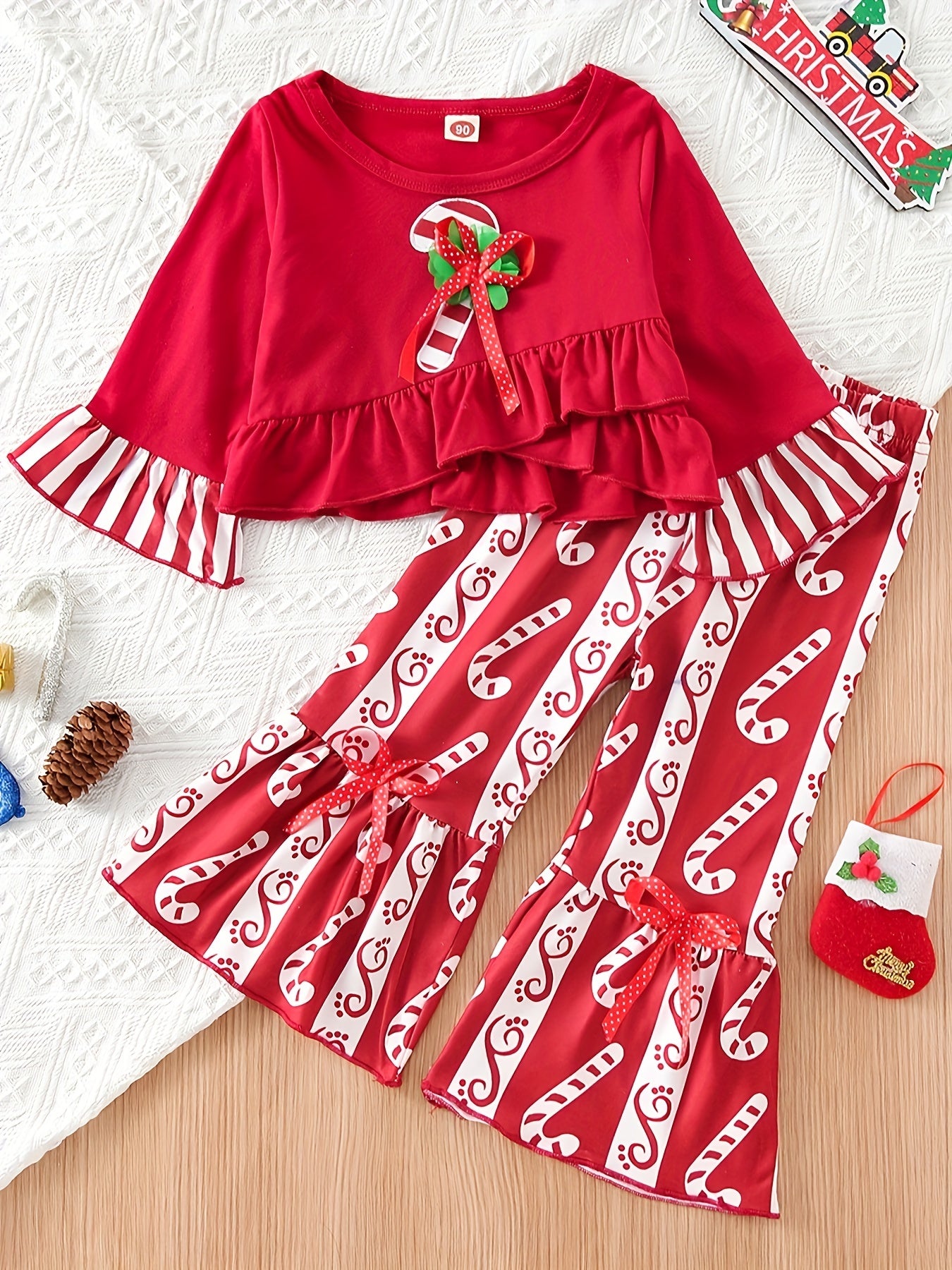 2-Piece Set: Toddler Girl's Christmas Candy Cane Print Trumpet Sleeve Top & Flared Pants Outfit for Spring Fall Festival Party