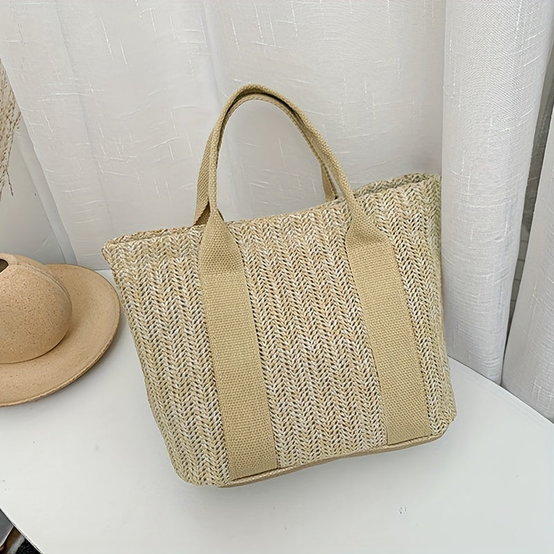 realaiot  Straw Woven Tote Bag For Women, Boho Style Summer Beach Bag, Small Braided Shoulder Bag For Travel