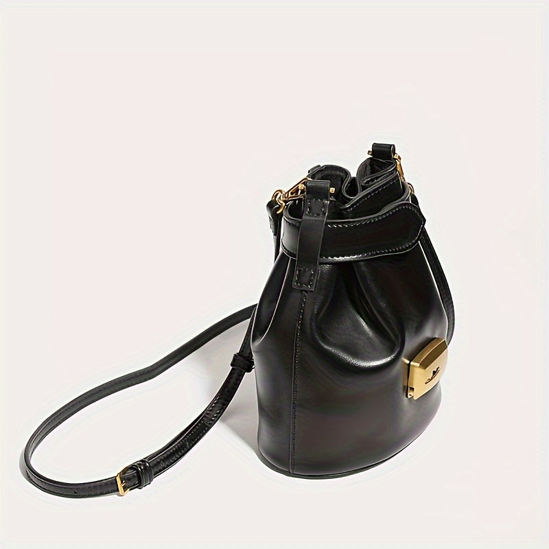 realaiot  Genuine Leather Bucket Bag, Luxury Mini Crossbody Bag, Niche Drawstring Handbag For Women