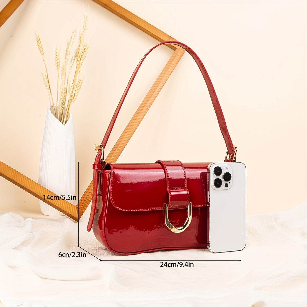 realaiot Fashion Glossy Crossbody Bag, Patent Leather PU Square Purse, Elegant Red Shoulder Bag For Women