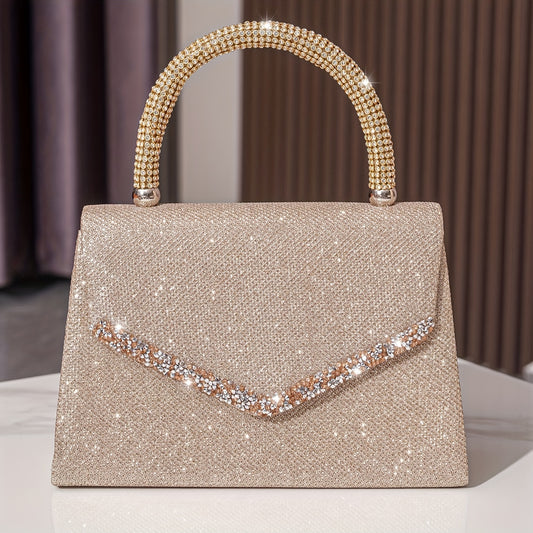 realaiot  Top Handle Rhinestone Decor Evening Bag, Flap Satchel Banquet Bag, Women's Elegant Wedding Prom Bag