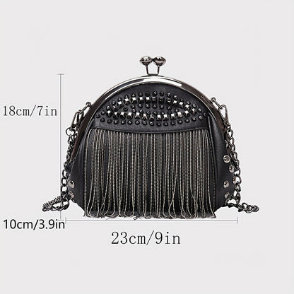 realaiot  Niche Fashionable Kiss-Lock Handbag, Rivets Novelty Tassel Decor Shoulder Chain Bag For Women