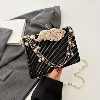 Luxury Rhinestone Evening Bag, Fashion Chain Banquet Handbag, Women's Box Clutch Purse For Wedding Party Prom