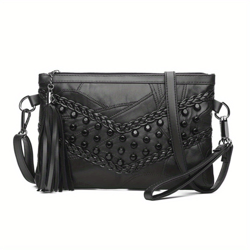 Studded Decor Crossbody Bag, Gothic Black Shoulder Bag, Trendy Wrist Clutch Purse With Tassel