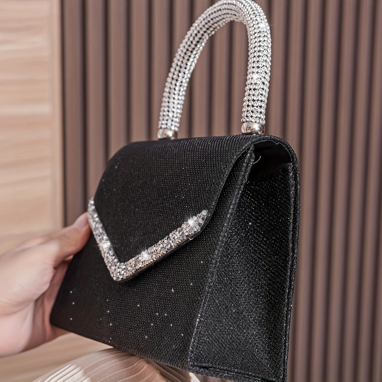 realaiot  Top Handle Rhinestone Decor Evening Bag, Flap Satchel Banquet Bag, Women's Elegant Wedding Prom Bag