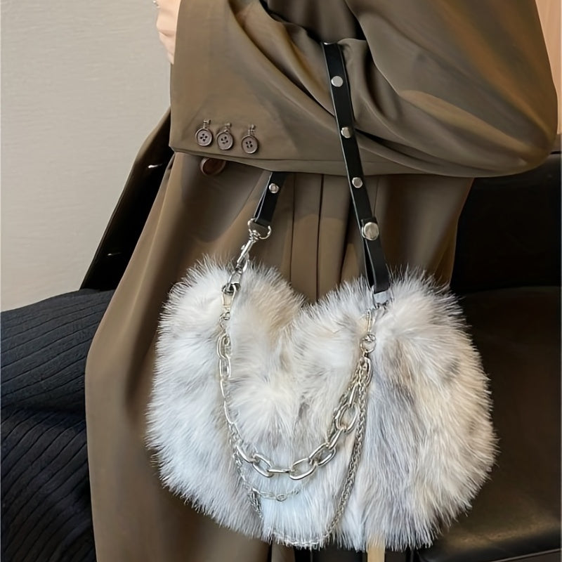 Y2K Plush Hobo Bag For Women, Trendy Chain Crossbody Bag, Fluffy Handbag & Purses