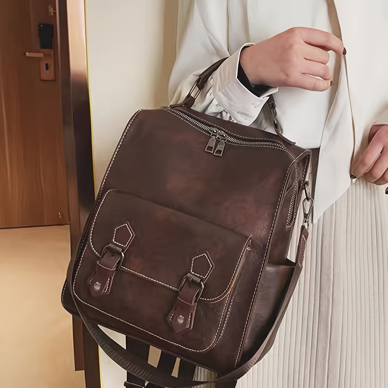 PU Leather Brown Backpack, New Retro British Style College Student School Bag, Simple Travel Backpack, Large Capacity Work Computer Commuter Backpack