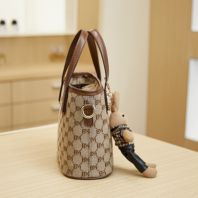 realaiotLetter Argyle Pattern Bucket Bag, Fashionable & Vintage Style, Top Handle Zipper Crossbody Bag For Ladies