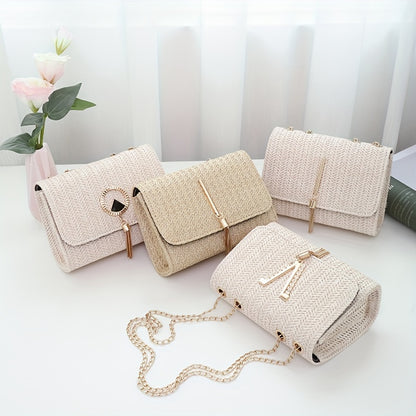 realaiot  1pc Mini Pearl Decor Crossbody Flap Straw Bag (7.5*2.8*5.5) Inch