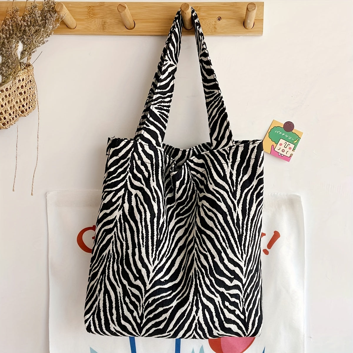 Large Capacity Shoulder Bag With Zebra Pattern, Trendy Lightweight Shopping Handbag For Women