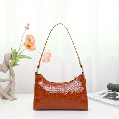 realaiot  Crocodile Pattern Underarm Bag, Stylish PU Leather Handbag, Solid Color Shoulder Bag