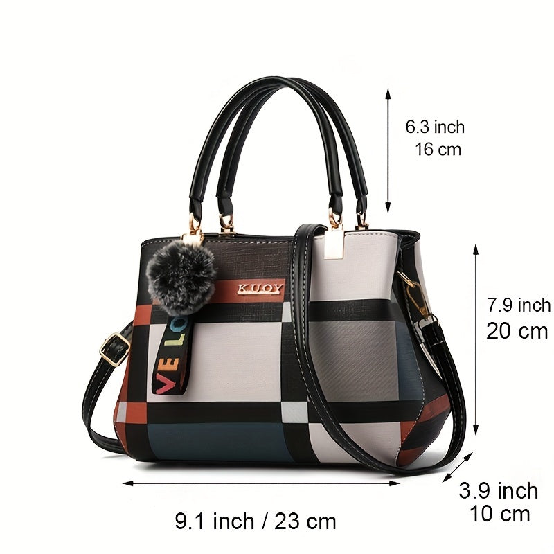 realaiot  Plaid Pattern Satchel Bag, Stylish Colorblock Double Handle Purse, Women's Fashion Crossbody Bag