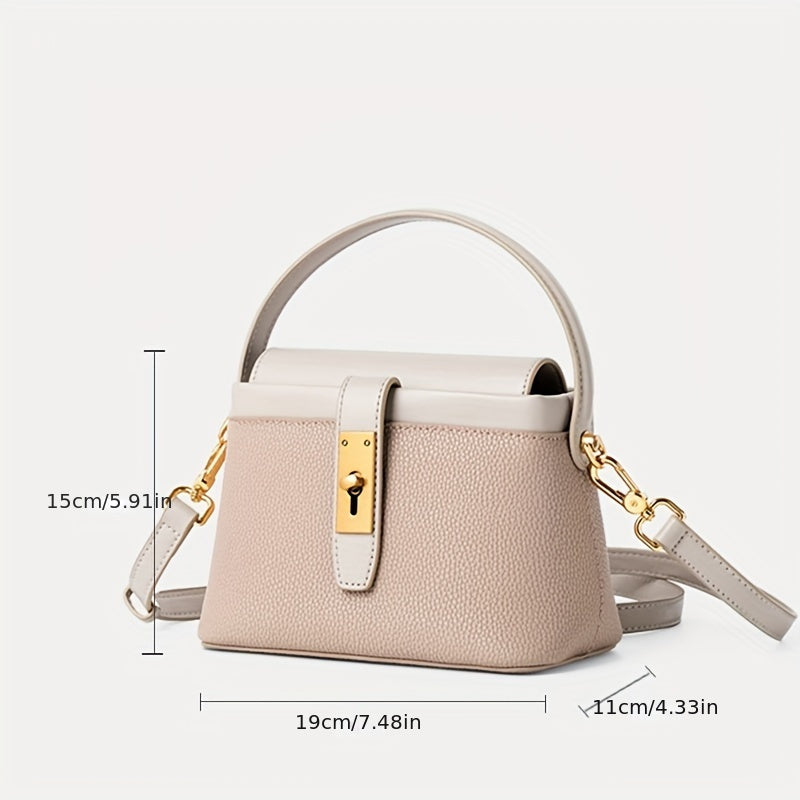 realaiot  Elegant Mini Handbag For Women, Genuine Leather Crossbody Bag, Color Contrast Square Purse