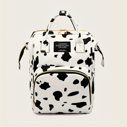 realaiot  Stylish Cow Pattern Backpack, Trendy Zipper Rucksack, Versatile Women's Travel Diaper Bag