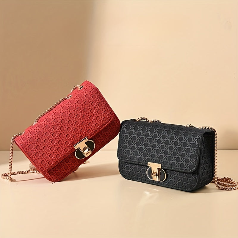 realaiot  Mini Chain Crossbody Bag, Fashion Woven Pattern Shoulder Bag, Women's PU Leather Square Purse