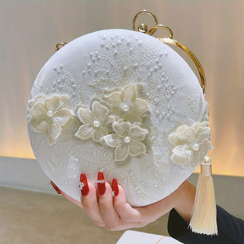Floral Embroidery Round Evening Bag, Clutch Wedding Purse For Women, Party Banquet Flower Bag Hanfu Accessories
