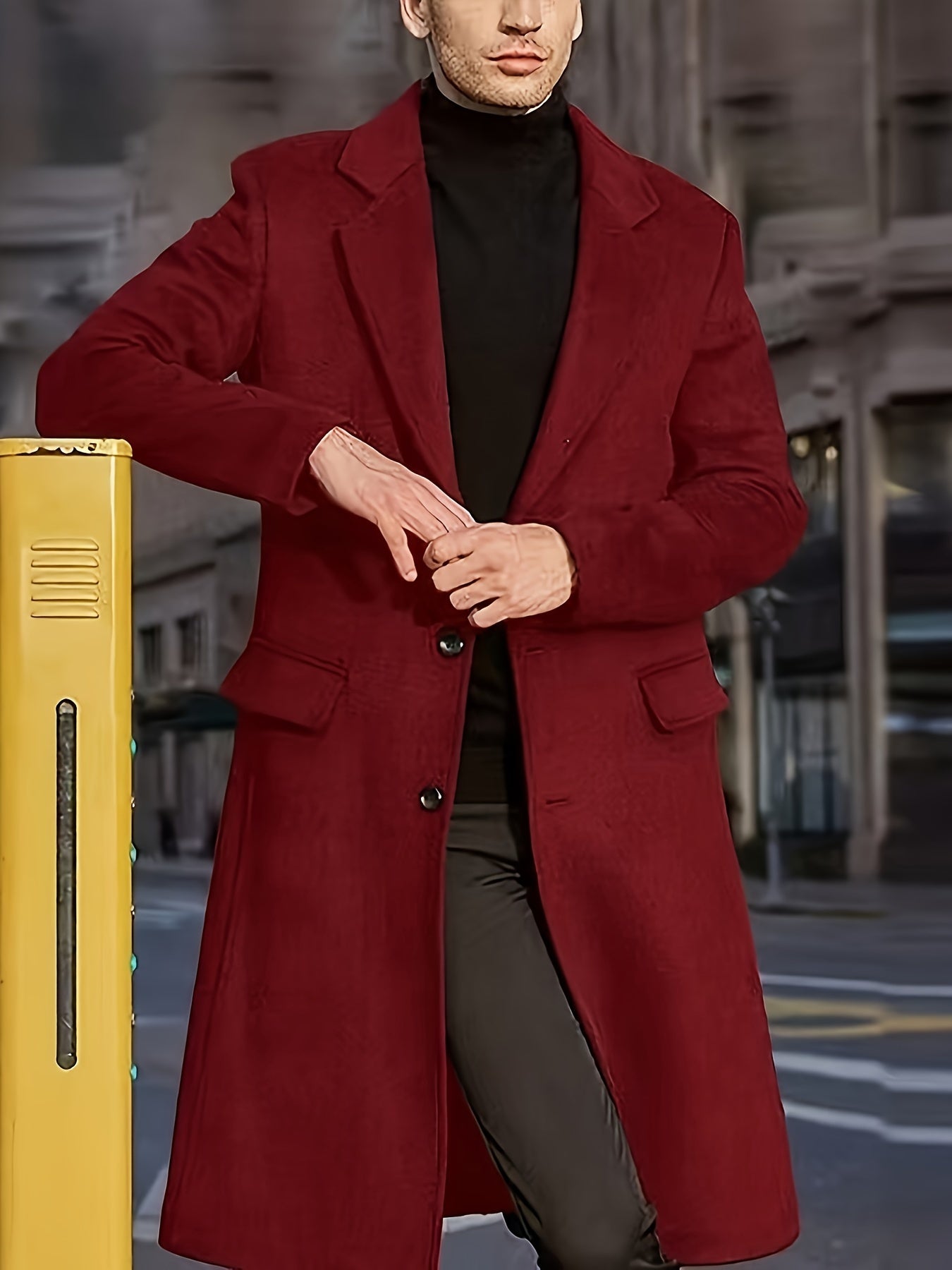 Men's Plus Size Fleece-Lined Trench Coat - Solid Color, Business Casual Style with Lapel Collar for Fall/Winter, PLUS SIZE