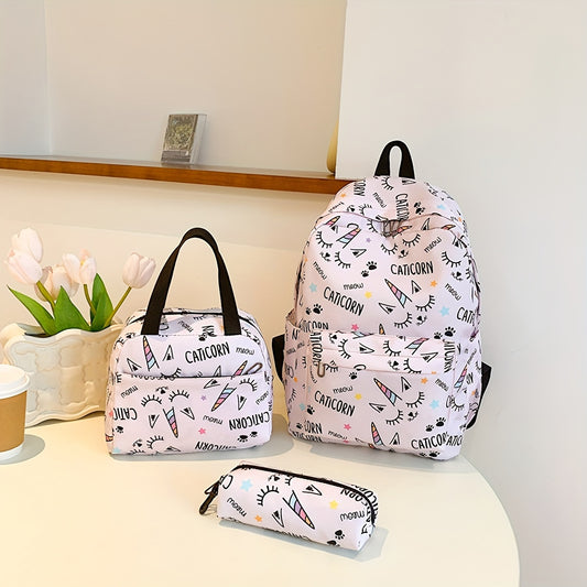 3pcs/set Kawaii Cute Print Backpack, Preppy College Back To School Bookbag, Travel Daypack Knapsack, Lunch Bag & Pencil Bag For Students Girls