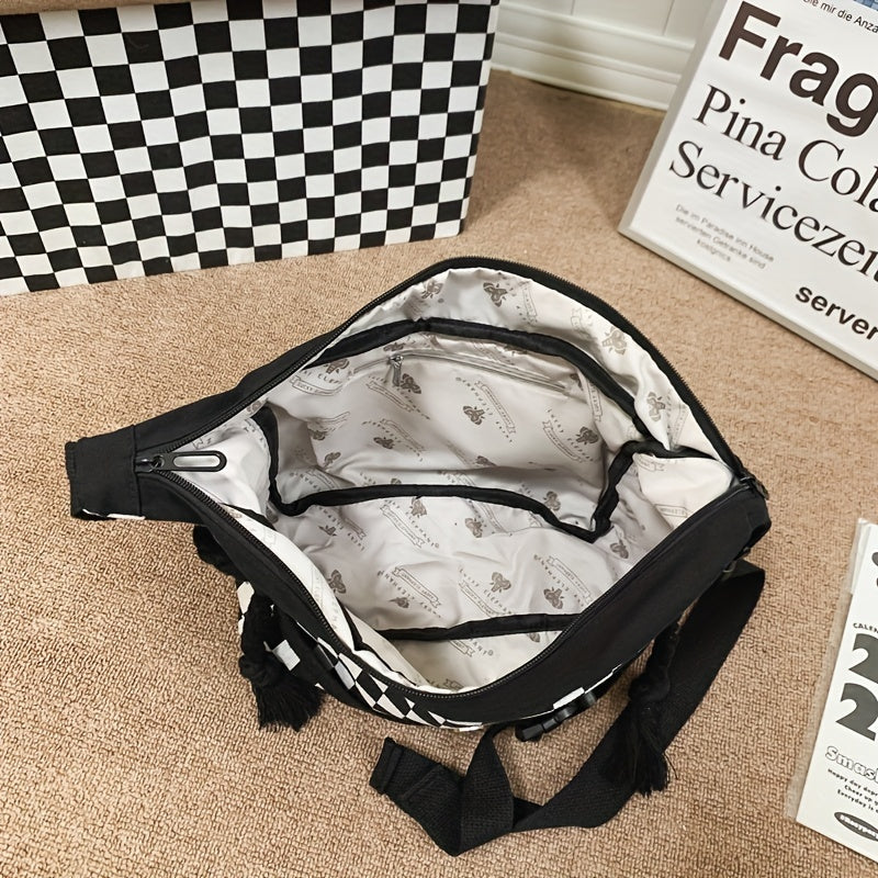 realaiot  Checkered Canvas Messenger Bag, Large Capacity Crossbody Bag, Trendy Travel Sports Shoulder Bag