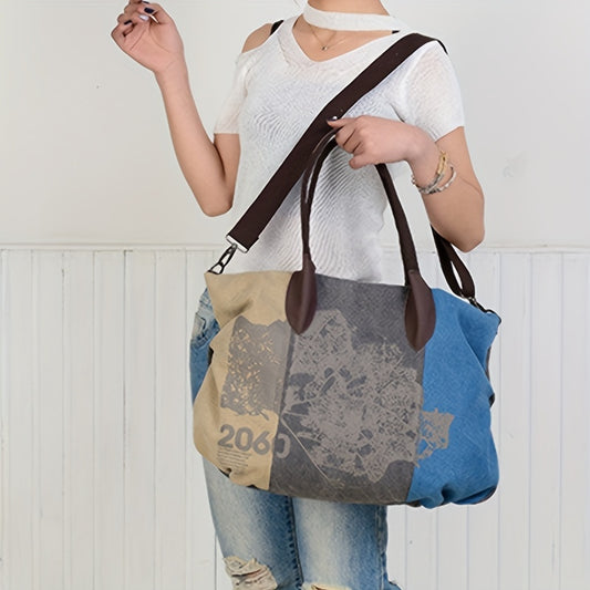 Vintage Graffiti Canvas Hobo Bag, Large Capacity Crossbody Bag, Colorblock Stitching Handbags For Travel Shopping