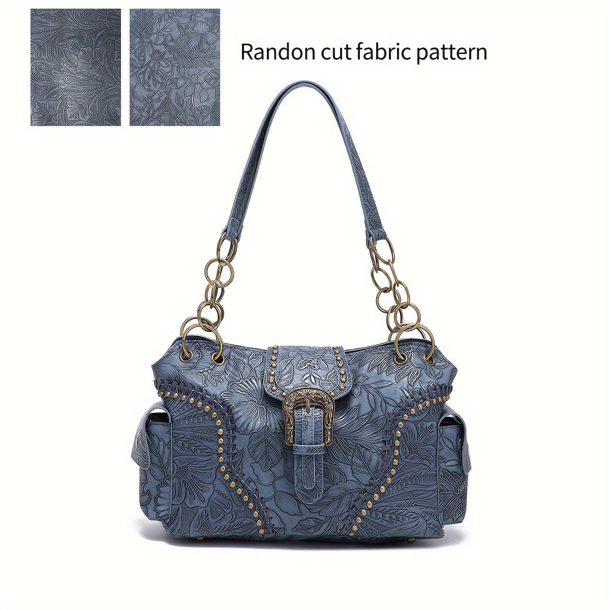 realaiot  Retro Floral Embossed Underarm Bag With Rivet And Buckle, Side Pocket Lightweight Satchel Bag, Top Handle Zipper Commuting Bag For Women