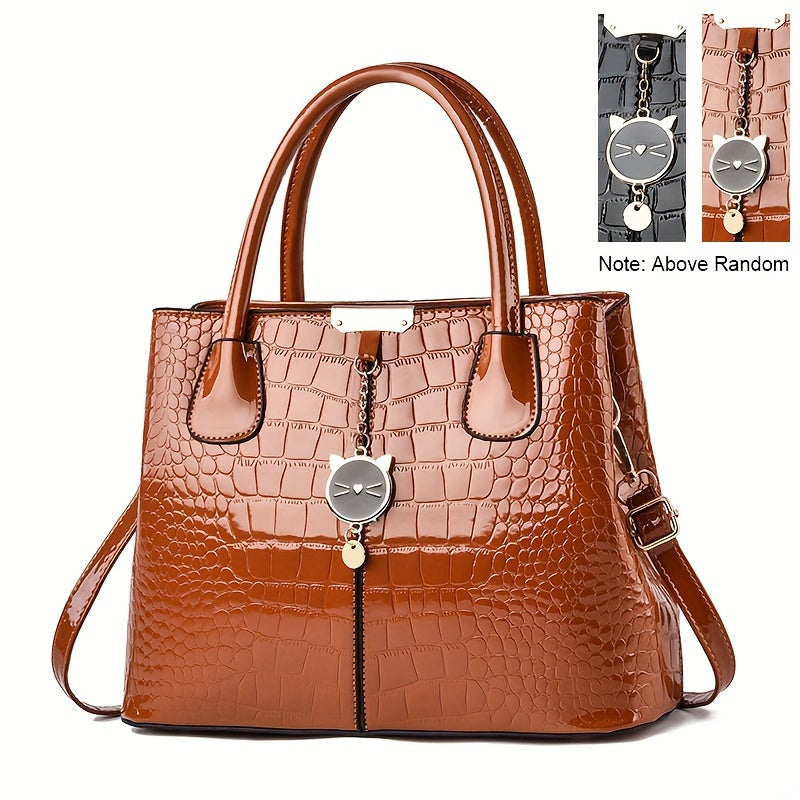 realaiot  Crocodile Pattern Handbag, Stylish Glossy Crossbody Bag, Women's Top Handle Satchel Purse