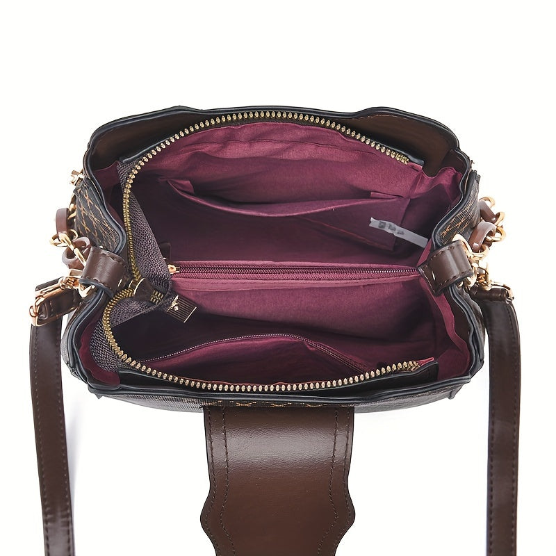 Geometric Pattern Crossbody Bag, Women's Flower Buckle Bucket Bag, Retro Chain Handbag & Purse