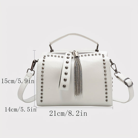 realaiot  Vintage Tassel & Rivets Decor Handbag, Ladies Fashion Punk Style Crossbody Boston Bag, Women's Y2k Style Novelty Bag