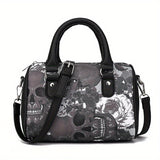 realaiot  Skull Print Handbag, Halloween PU Crossbody Bag, Gothic Top Handle Purse