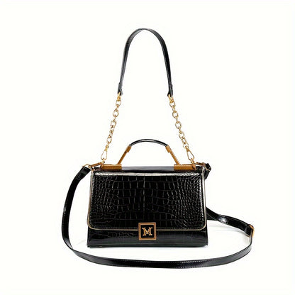 realaiot  Crocodile Pattern Handbag, Luxury Chain Crossbody Bag, Retro Shoulder Bag & Flap Purse