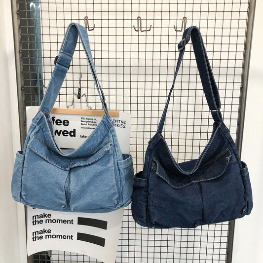 realaiot  Retro Denim Canvas Tote Bag, Multi Pockets Crossbody Bag, Y2K Hobo Bag For Sports, Travel, School