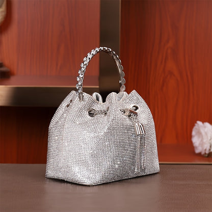 realaiot  Full Rhinestone Bucket Bag, Trendy Shiny Evening Handbag, Women's Mini Chain Crossbody Bag Prom Purse