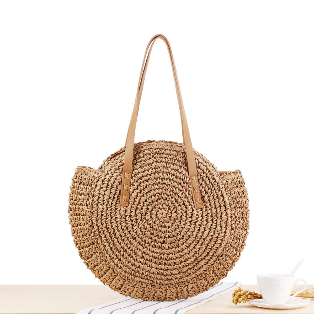 realaiot  Hollow-Out Straw Handbag, Fashion Woven Beach Bag, Round Large Capacity Shoulder Bag