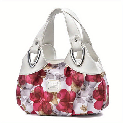 realaiot  Floral Print Top Handle Tote Bag, Fashion PU Satchel Bag, Women's Trendy Casual Handbag & Purse