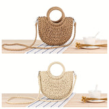 realaiot  Semicircle Straw Woven Beach Bag, Drawstring Crossbody Bag, Boho Style Rattan Handbags