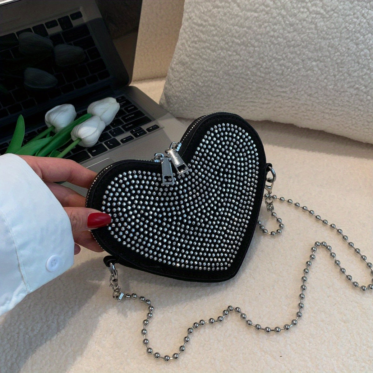 realaiot  Mini Rhinestone Heart Shaped Metal Chain Crossbody Bag, PU Leather Textured Bag Purse, Classic Versatile Fashion Shoulder Bag