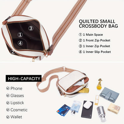 realaiot  Trendy Quilted Square Crossbody Bag, Color Blocking Zipper Phone Lipstick Coin Bag, All-match Causal Shoulder Bag For Daily Use