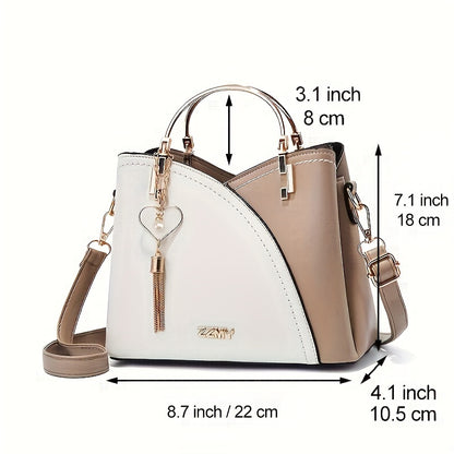 realaiot  Color Block Satchel Bag, Trendy Metal Tassel Decor Crossbody Bag, Women's Top Ring Purse (9.1*7.5*4.5) Inch